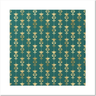 Teal and Gold Vintage Art Deco Damask Pattern Posters and Art